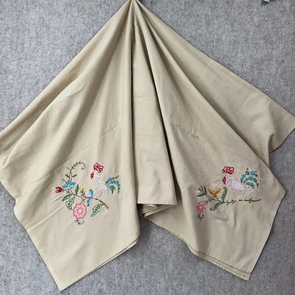 Vintage Hand Cross-Stitched Square Tablecloth W/ Roosters at Each Corner 51